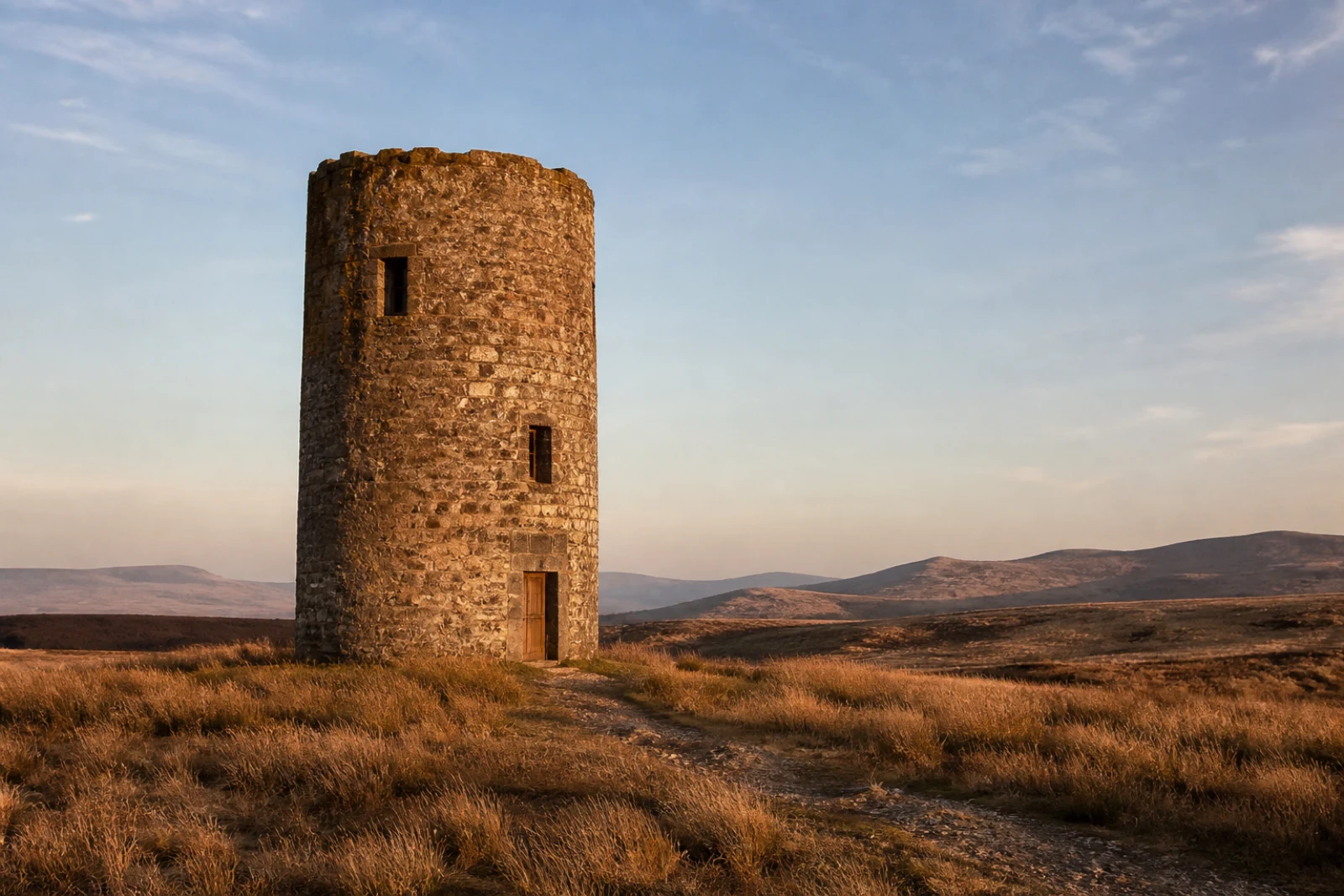 Synthetic public demonstration image of a round stone tower in open grassland
